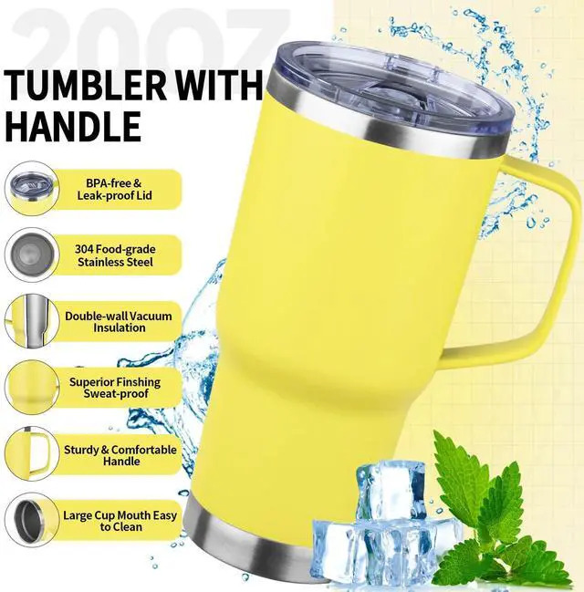 Alt view image 3 of 7 - 20oz Insulated Tumbler with Handle Stainless Steel Travel Coffee Mug with Lid and Straw Double Wall Vacuum Leak-proof Reusable Thermal Water Cup for Hot and Cold Drinks (Yellow,1 Pack)