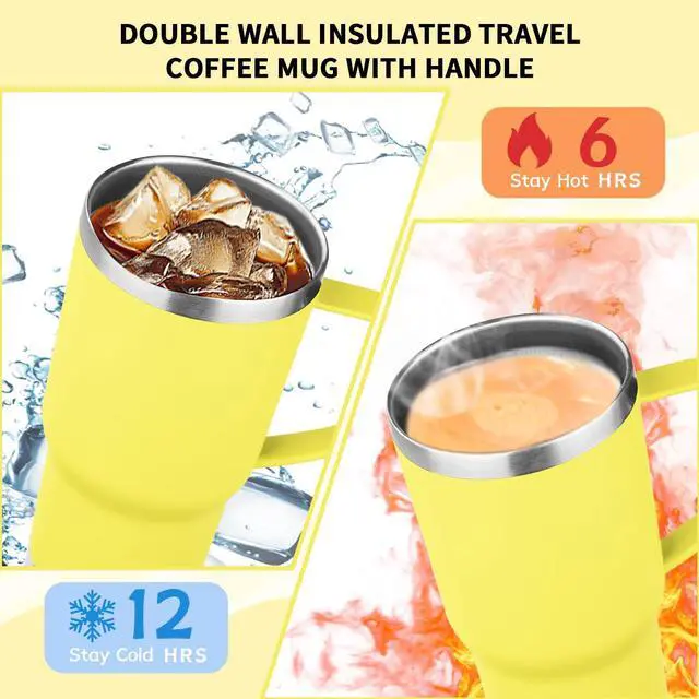 Alt view image 4 of 7 - 20oz Insulated Tumbler with Handle Stainless Steel Travel Coffee Mug with Lid and Straw Double Wall Vacuum Leak-proof Reusable Thermal Water Cup for Hot and Cold Drinks (Yellow,1 Pack)