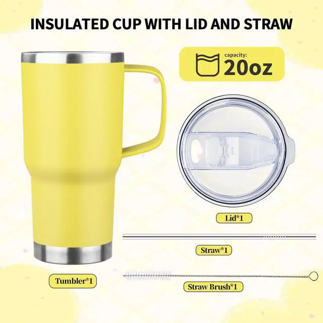 Alt view image 6 of 7 - 20oz Insulated Tumbler with Handle Stainless Steel Travel Coffee Mug with Lid and Straw Double Wall Vacuum Leak-proof Reusable Thermal Water Cup for Hot and Cold Drinks (Yellow,1 Pack)