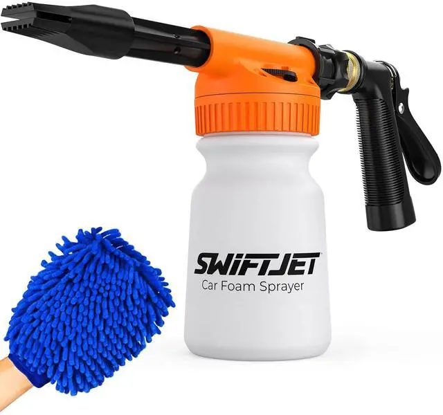 Main image of Car Wash Foam Gun + Microfiber Wash Mitt - Foam Cannon Works with Any Soap - Garden Hose Car Foam Sprayer - Car Wash Kit - Car Accessories Foam Blaster (Orange Foam Gun with Mitt)