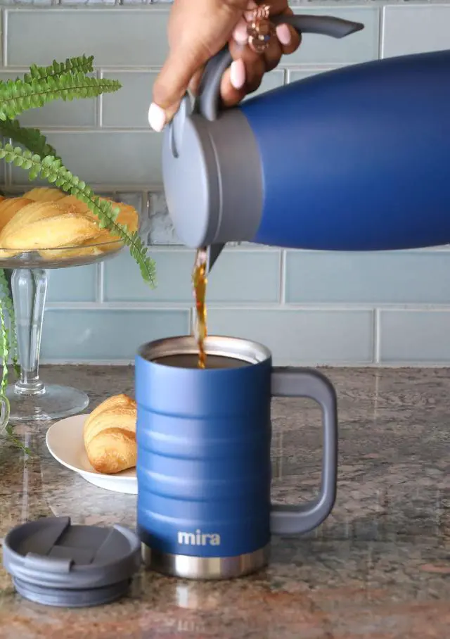 Alt view image 3 of 7 - 14 oz Insulated Coffee Mug with Handle - Stainless Steel Thermo with Secure Lid - Hot & Cold Cup - Admiral Blue