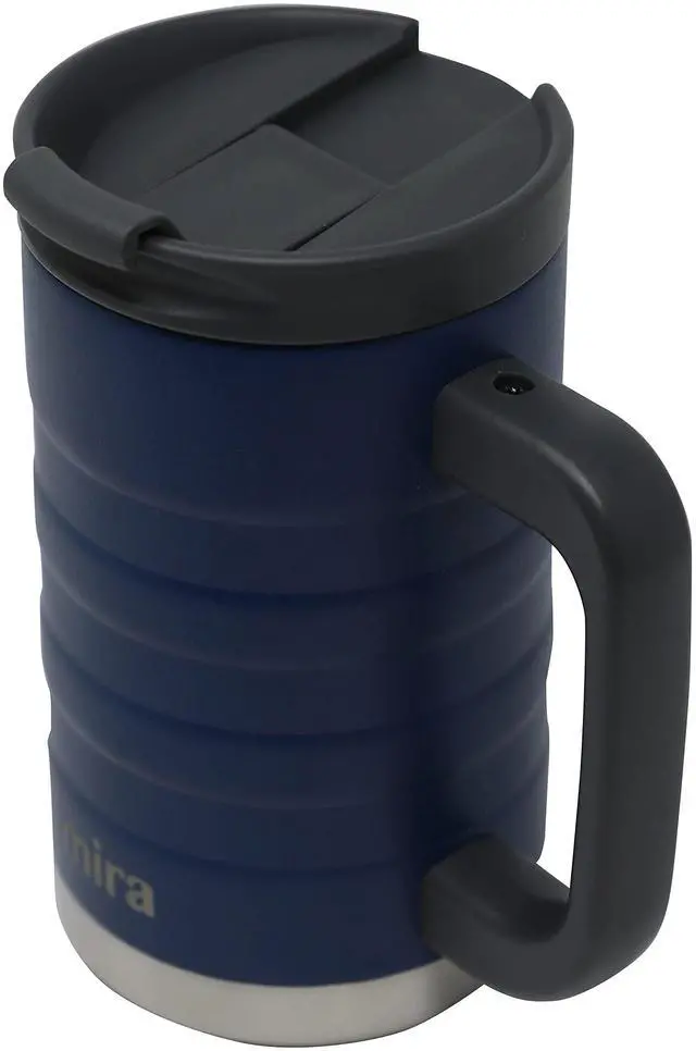 Alt view image 2 of 7 - 14 oz Insulated Coffee Mug with Handle - Stainless Steel Thermo with Secure Lid - Hot & Cold Cup - Admiral Blue