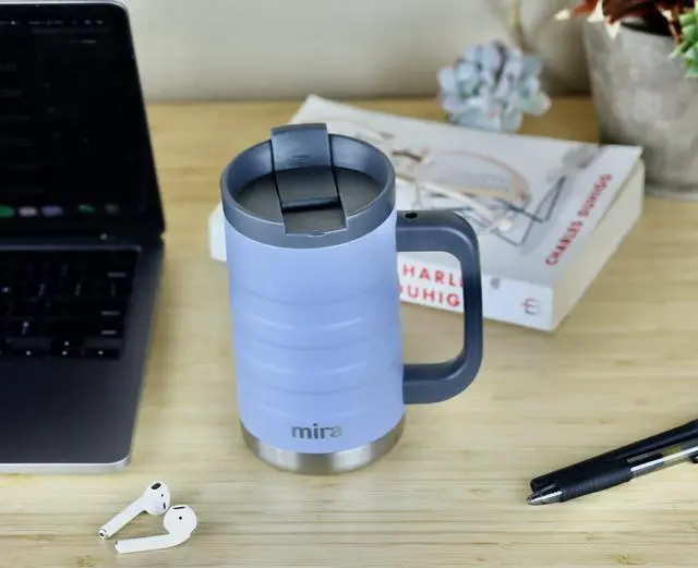 Alt view image 5 of 7 - 14 oz Insulated Coffee Mug with Handle - Stainless Steel Thermo with Secure Lid - Hot & Cold Cup - Admiral Blue