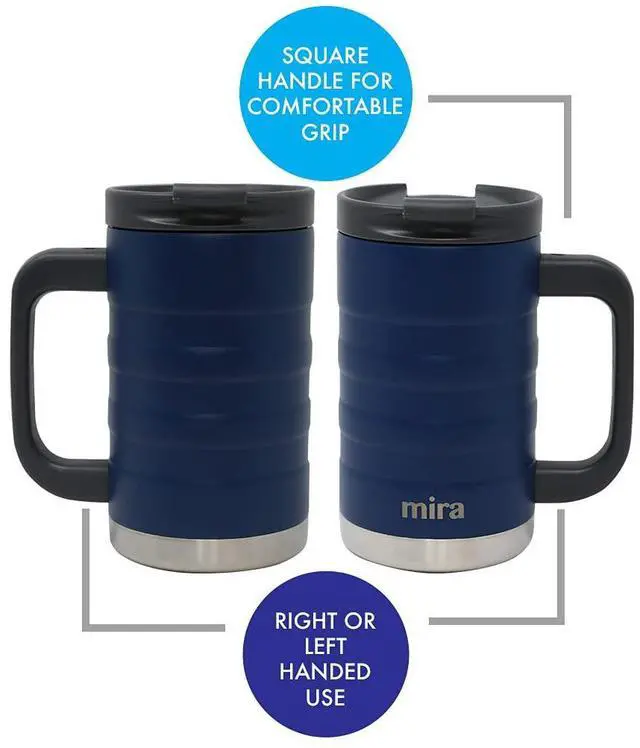 Alt view image 6 of 7 - 14 oz Insulated Coffee Mug with Handle - Stainless Steel Thermo with Secure Lid - Hot & Cold Cup - Admiral Blue