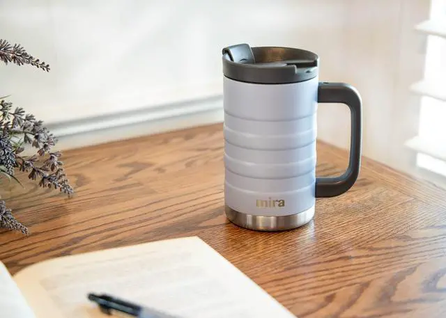 Alt view image 7 of 7 - 14 oz Insulated Coffee Mug with Handle - Stainless Steel Thermo with Secure Lid - Hot & Cold Cup - Admiral Blue