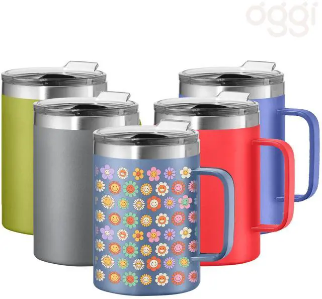 Alt view image 2 of 7 - ThermoMug Stainless Steel Insulated Mug- Double Wall Vacuum Insulated w/Handle & Lid, Coffee Cup, Camping Mug, Travel Thermos, 14oz(420ml), Happy Flowers