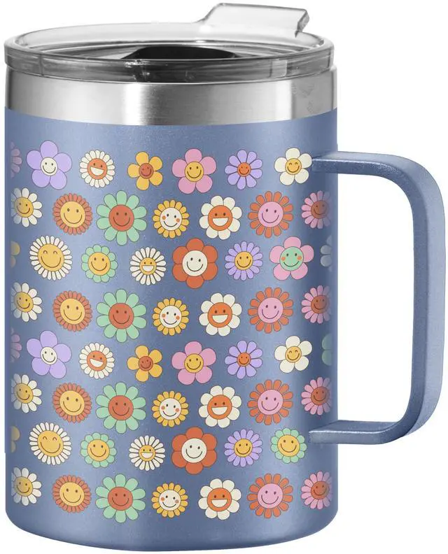 Main image of ThermoMug Stainless Steel Insulated Mug- Double Wall Vacuum Insulated w/Handle & Lid, Coffee Cup, Camping Mug, Travel Thermos, 14oz(420ml), Happy Flowers