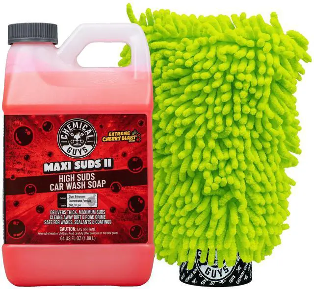 Main image of Maxi Suds II Cherry Scent Car Wash Soap and Chenille Microfiber Wash Mitt Bundle, High Foam Shampoo for Foam Cannons, Guns, and Buckets, Safe for All Paint - 64 Fl Oz