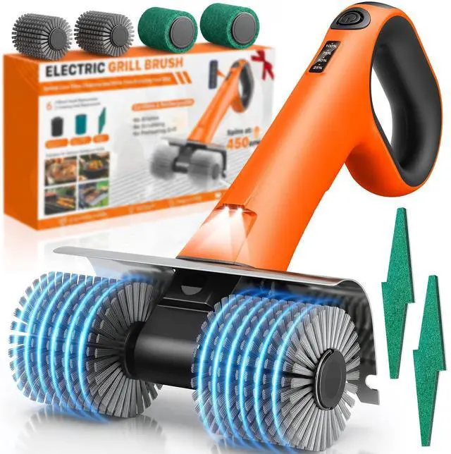 Main image of Electric Grill Brush - Dual Rotating Heads Cordless BBQ Grill Cleaner, 450 RPM Motorized Power Grill Cleaning Brush with LED Light, 6-Piece Replaceable Brush Set Safe for Most Outdoor Grill Grates