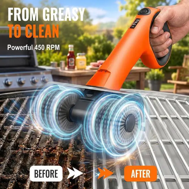 Alt view image 2 of 7 - Electric Grill Brush - Dual Rotating Heads Cordless BBQ Grill Cleaner, 450 RPM Motorized Power Grill Cleaning Brush with LED Light, 6-Piece Replaceable Brush Set Safe for Most Outdoor Grill Grates