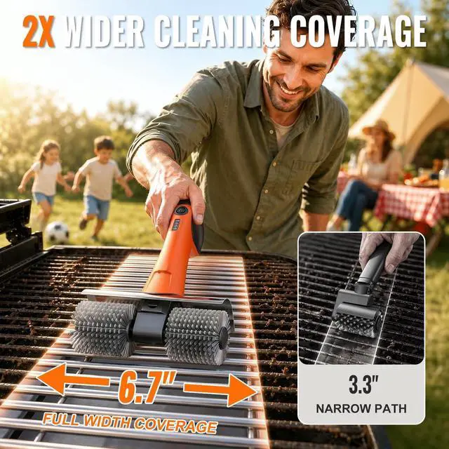 Alt view image 3 of 7 - Electric Grill Brush - Dual Rotating Heads Cordless BBQ Grill Cleaner, 450 RPM Motorized Power Grill Cleaning Brush with LED Light, 6-Piece Replaceable Brush Set Safe for Most Outdoor Grill Grates