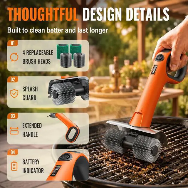 Alt view image 6 of 7 - Electric Grill Brush - Dual Rotating Heads Cordless BBQ Grill Cleaner, 450 RPM Motorized Power Grill Cleaning Brush with LED Light, 6-Piece Replaceable Brush Set Safe for Most Outdoor Grill Grates