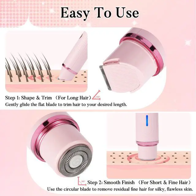 Alt view image 5 of 7 - Bikini Trimmer,2 in 1 Facial Hair Removal for Women,Painless Electric Razor for Silk Skin,Rechargeable & Portable Shaver for Ladies Pubic,Face,Underarms & Legs,Pink (Pink)