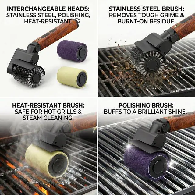 Alt view image 5 of 7 - Electric Grill Brush 3-in-1 Kit Cordless BBQ Cleaner with Reinforced Safe Metal Bristles 2 Hours Runtime, Waterproof & Dishwasher Safe Removable Brushes for Deep Cleaning (Red Wood Coating)