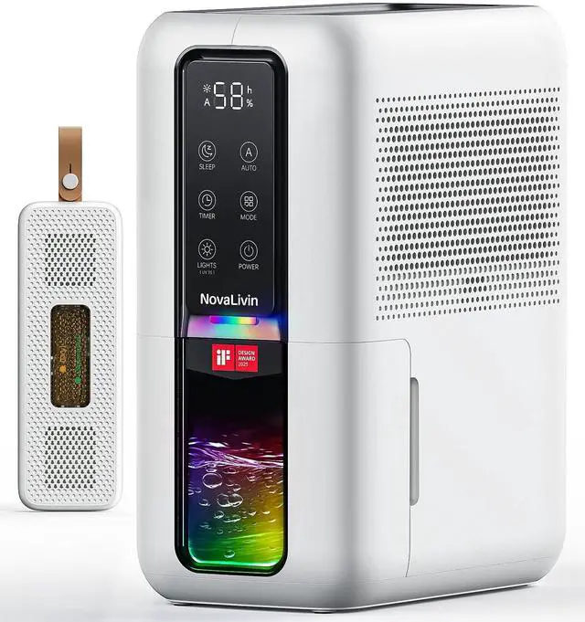 Main image of Dehumidifier for Home, Dehumidifiers for Bathroom, Bedroom, Living room, Closet with 68 OZ Water Tank, Moisture Absorbers, Auto Shut Off, Auto Humidity Control, 7 Colors LED Light, Black and White