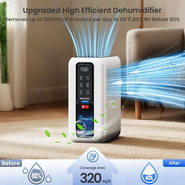 Alt view image 3 of 7 - Dehumidifier for Home, Dehumidifiers for Bathroom, Bedroom, Living room, Closet with 68 OZ Water Tank, Moisture Absorbers, Auto Shut Off, Auto Humidity Control, 7 Colors LED Light, Black and White