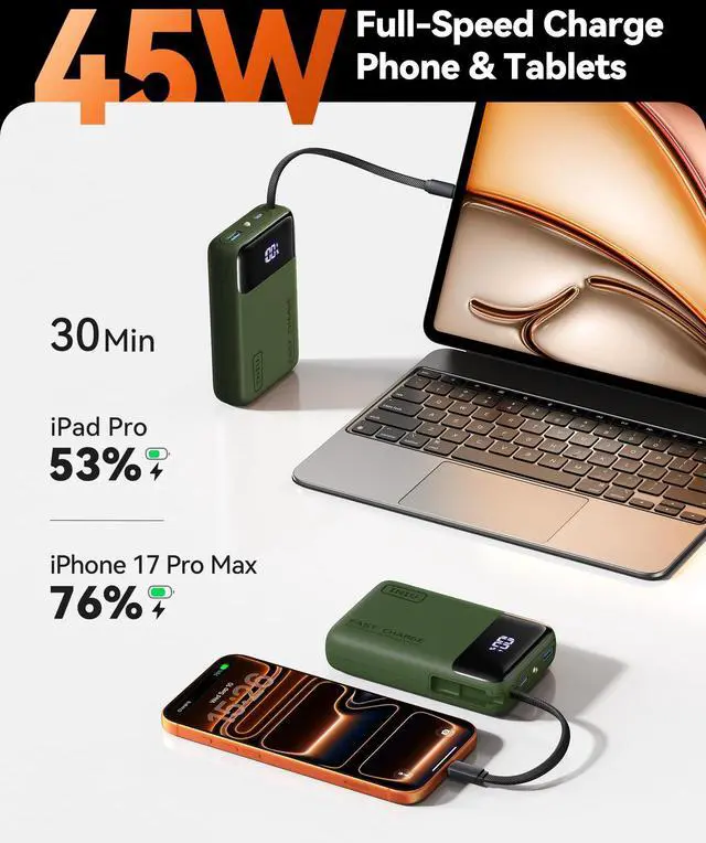 Alt view image 2 of 7 - 20000mAh Power Bank, Small 45W PD Fast Charging Portable Charger with Built-in USB C Cable, Flight-Safe Travel External Phone Battery Pack for Camping, ShortTrip, Travelers, Hikers, Green