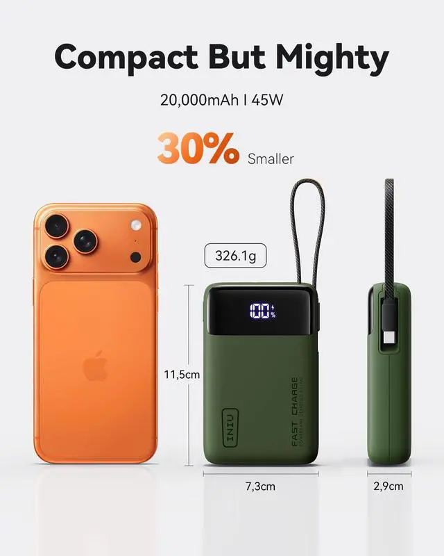 Alt view image 3 of 7 - 20000mAh Power Bank, Small 45W PD Fast Charging Portable Charger with Built-in USB C Cable, Flight-Safe Travel External Phone Battery Pack for Camping, ShortTrip, Travelers, Hikers, Green