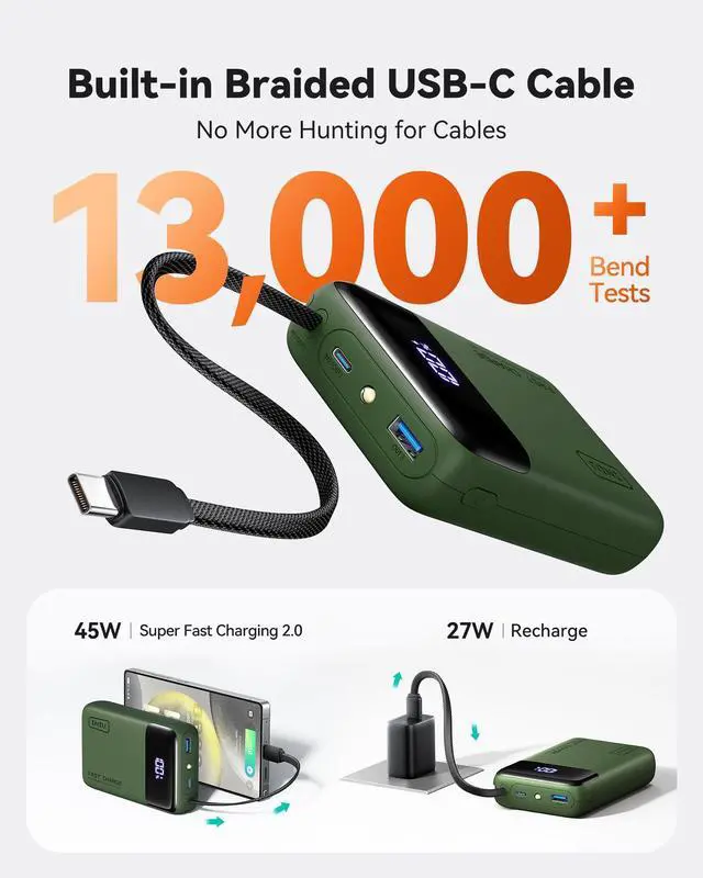 Alt view image 4 of 7 - 20000mAh Power Bank, Small 45W PD Fast Charging Portable Charger with Built-in USB C Cable, Flight-Safe Travel External Phone Battery Pack for Camping, ShortTrip, Travelers, Hikers, Green