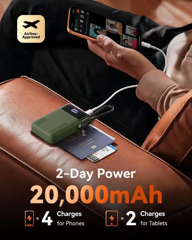 Alt view image 5 of 7 - 20000mAh Power Bank, Small 45W PD Fast Charging Portable Charger with Built-in USB C Cable, Flight-Safe Travel External Phone Battery Pack for Camping, ShortTrip, Travelers, Hikers, Green