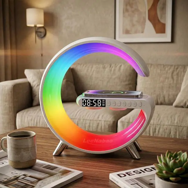 Alt view image 2 of 7 - Smart LED Table Lamp,4-in-1 Wireless Charger with Speaker,Night Light, Alarm Clock, and Bluetooth Speaker with App Control, Ideal Gifts for Home, Office, Christmas(White)