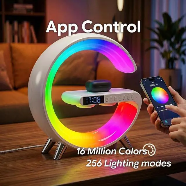 Alt view image 4 of 7 - Smart LED Table Lamp,4-in-1 Wireless Charger with Speaker,Night Light, Alarm Clock, and Bluetooth Speaker with App Control, Ideal Gifts for Home, Office, Christmas(White)