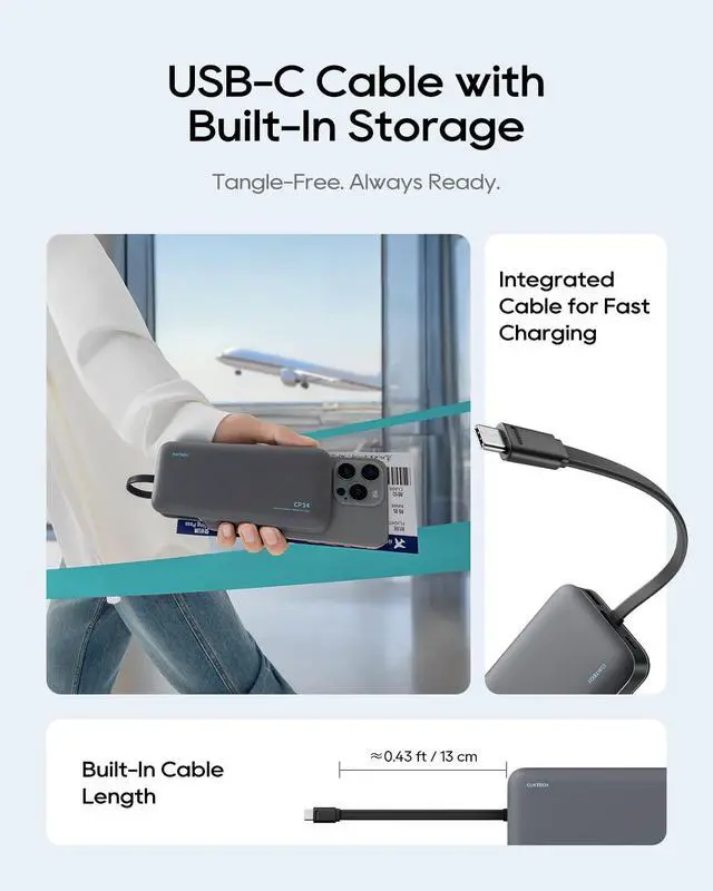 Alt view image 4 of 7 - 20,000mAh Power Bank with Built-in USB-C Cable, 40W PD Fast Charging Portable Charger, 3-Port Battery Pack for iPhone 17/16, Samsung S26/S25, iPad Pro, MacBook Air, Travel Essentials