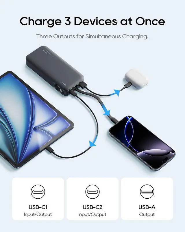 Alt view image 5 of 7 - 20,000mAh Power Bank with Built-in USB-C Cable, 40W PD Fast Charging Portable Charger, 3-Port Battery Pack for iPhone 17/16, Samsung S26/S25, iPad Pro, MacBook Air, Travel Essentials