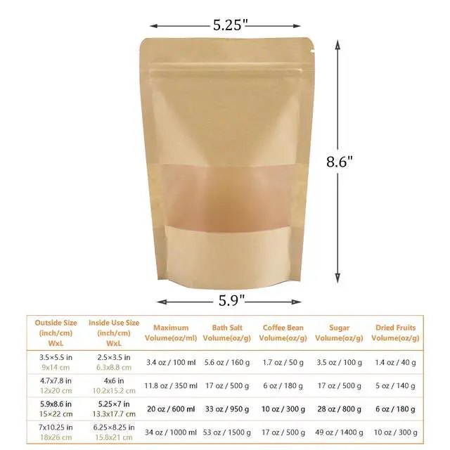 Alt view image 2 of 7 - 150 Count 5.9 x 8.6 Inch Kraft Paper Bags with Resealable Lock Seal Zipper &Transparent Window, Stand Up Food Bags