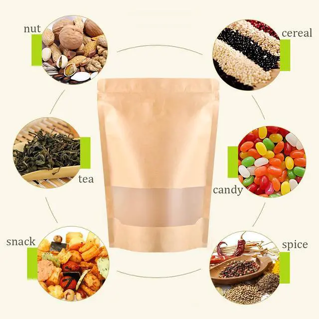 Alt view image 7 of 7 - 150 Count 5.9 x 8.6 Inch Kraft Paper Bags with Resealable Lock Seal Zipper &Transparent Window, Stand Up Food Bags