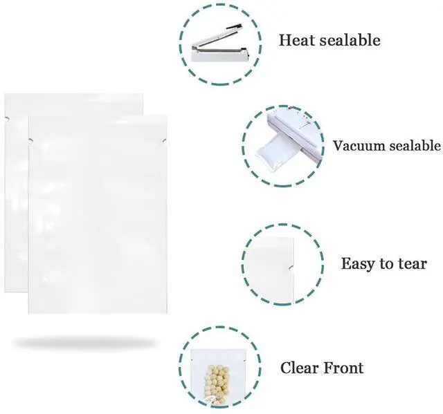 Alt view image 2 of 6 - 100 Pack 3.5x5.1 inch (Usable Size 3.1x4.7 inch) White Front Clear Open Top 2.8mil Plastic Vacuum Pouch Heat Sealable Bags for Food Storage Packets Mini Sample with Tear Notches