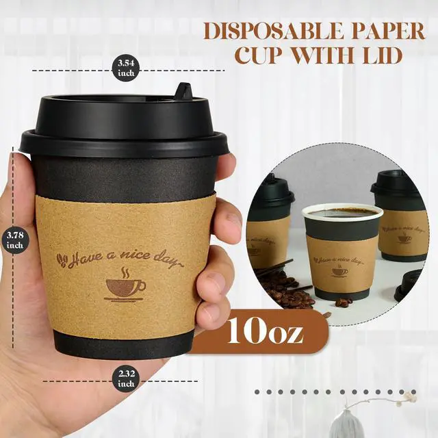Alt view image 2 of 7 - 100 Pack 10 oz Paper Coffee Cups for Hot Chocolate Drinks, Black Disposable Coffee Cups with Lids, Sleeves and Stirring Sticks for Parties, Picnic, Travel, and Events