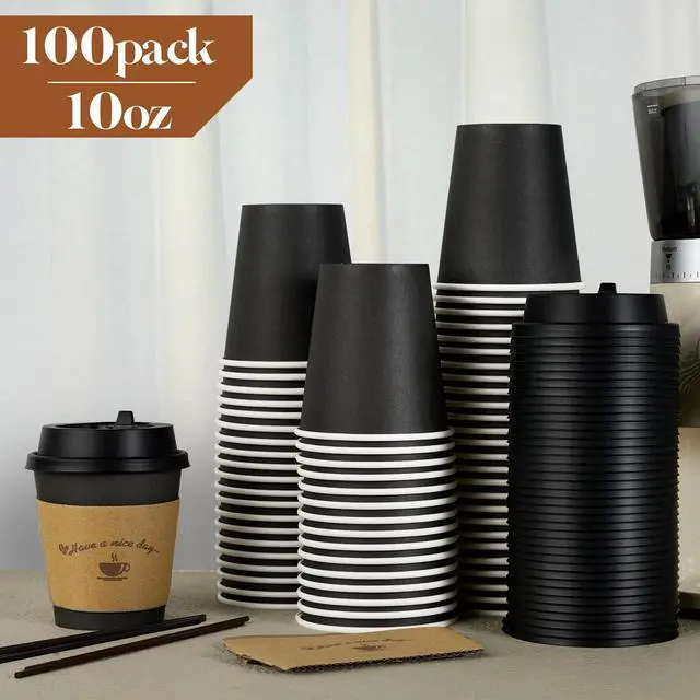 Alt view image 3 of 7 - 100 Pack 10 oz Paper Coffee Cups for Hot Chocolate Drinks, Black Disposable Coffee Cups with Lids, Sleeves and Stirring Sticks for Parties, Picnic, Travel, and Events