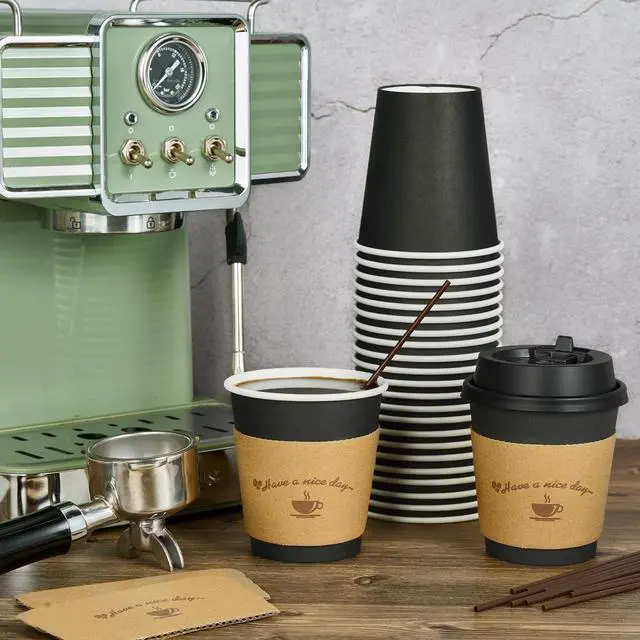 Alt view image 5 of 7 - 100 Pack 10 oz Paper Coffee Cups for Hot Chocolate Drinks, Black Disposable Coffee Cups with Lids, Sleeves and Stirring Sticks for Parties, Picnic, Travel, and Events
