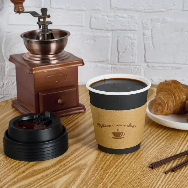 Alt view image 4 of 7 - 100 Pack 10 oz Paper Coffee Cups for Hot Chocolate Drinks, Black Disposable Coffee Cups with Lids, Sleeves and Stirring Sticks for Parties, Picnic, Travel, and Events