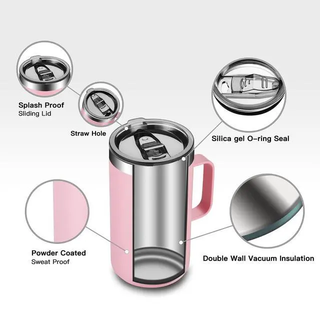Alt view image 6 of 7 - 20oz Insulated Coffee Mug with Lid, Stainless Steel Coffee Cup, Double Wall Vacuum Coffee Tumbler with Handle, Premium Thermal Travel Coffee Mug (Pink)