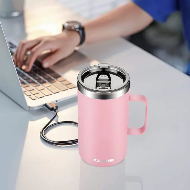 Alt view image 3 of 7 - 20oz Insulated Coffee Mug with Lid, Stainless Steel Coffee Cup, Double Wall Vacuum Coffee Tumbler with Handle, Premium Thermal Travel Coffee Mug (Pink)