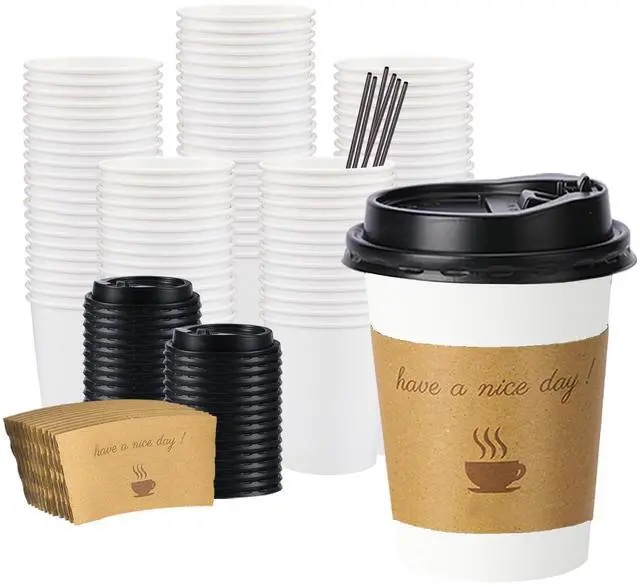 Main image of 100 pack 12 oz Disposable Thickened Coffee Cups with Lids, Scald Resistant Hot Cup with Sleeves and Stirring Sticks, To Go Coffee Cups for Home, Office, Cafes and Party (White 12oz)