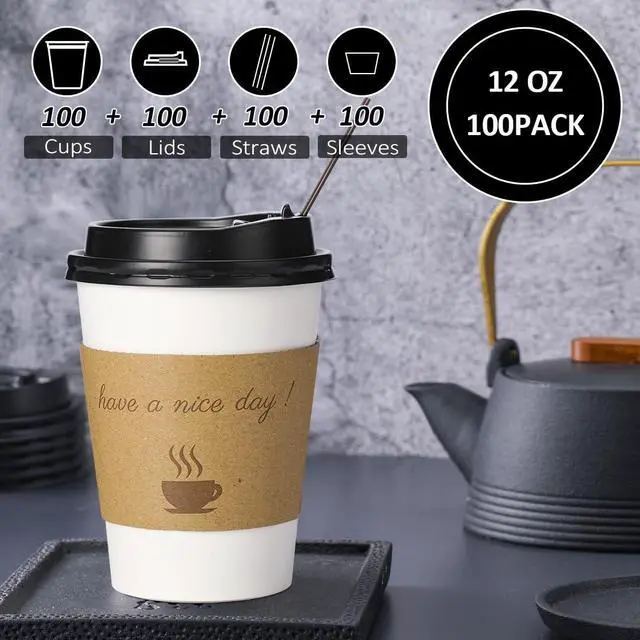 Alt view image 4 of 6 - 100 pack 12 oz Disposable Thickened Coffee Cups with Lids, Scald Resistant Hot Cup with Sleeves and Stirring Sticks, To Go Coffee Cups for Home, Office, Cafes and Party (White 12oz)