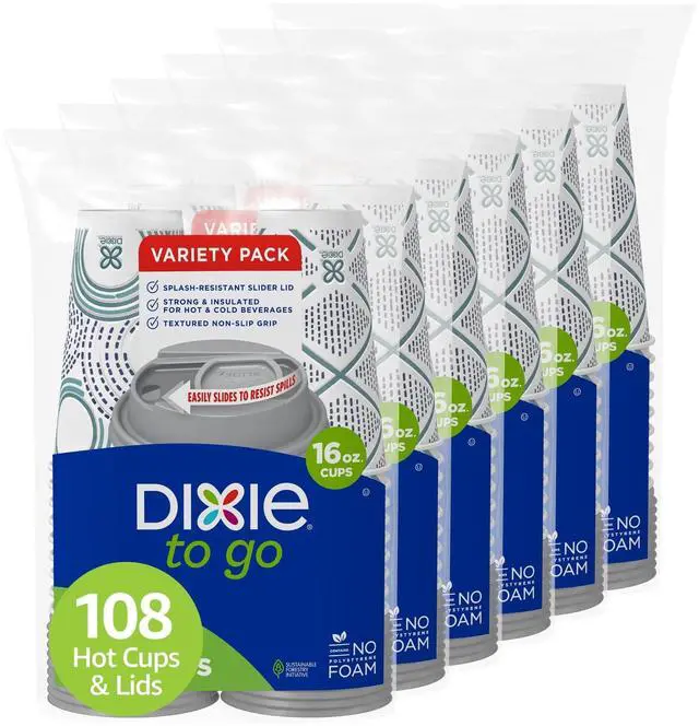 Main image of To Go Paper Coffee Cups With Lids, 16 oz, 108 Count (6 packs of 18 cups), Disposable Insulated Paper Cups for On-The-Go Hot or Cold Beverages