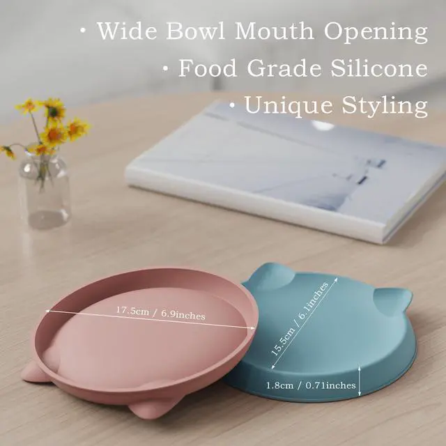 Alt view image 3 of 6 - Cat Bowls 2pcs Silicone Shallow Plates, Anti-Slip Dishwasher Safe Food and Water Dishes for Kittens