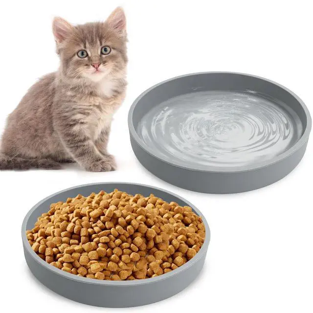 Main image of Silicone Cat Food Bowls Shallow Cat Dishes 5.9in Wide Pet Plates Set of 2 Small Flat Dog Saucer Bowl Cute Whisker Fatigue Kitten Feeding Dish for Dry & Wet Food (Round Grey)
