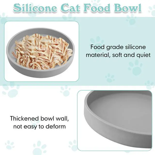 Alt view image 3 of 7 - Silicone Cat Food Bowls Shallow Cat Dishes 5.9in Wide Pet Plates Set of 2 Small Flat Dog Saucer Bowl Cute Whisker Fatigue Kitten Feeding Dish for Dry & Wet Food (Round Grey)