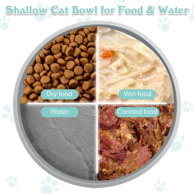 Alt view image 5 of 7 - Silicone Cat Food Bowls Shallow Cat Dishes 5.9in Wide Pet Plates Set of 2 Small Flat Dog Saucer Bowl Cute Whisker Fatigue Kitten Feeding Dish for Dry & Wet Food (Round Grey)