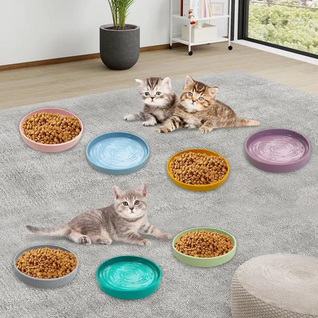 Alt view image 7 of 7 - Silicone Cat Food Bowls Shallow Cat Dishes 5.9in Wide Pet Plates Set of 2 Small Flat Dog Saucer Bowl Cute Whisker Fatigue Kitten Feeding Dish for Dry & Wet Food (Round Grey)
