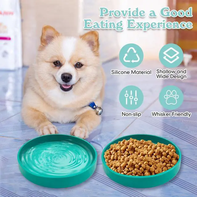 Alt view image 4 of 7 - Silicone Dog Bowl Shallow Cat Food Bowls 7" Wide Puppy Plates Whisker Fatigue Pet Feeding Dishes Set of 2 for Dry and Wet Food Indoor (Round Green)