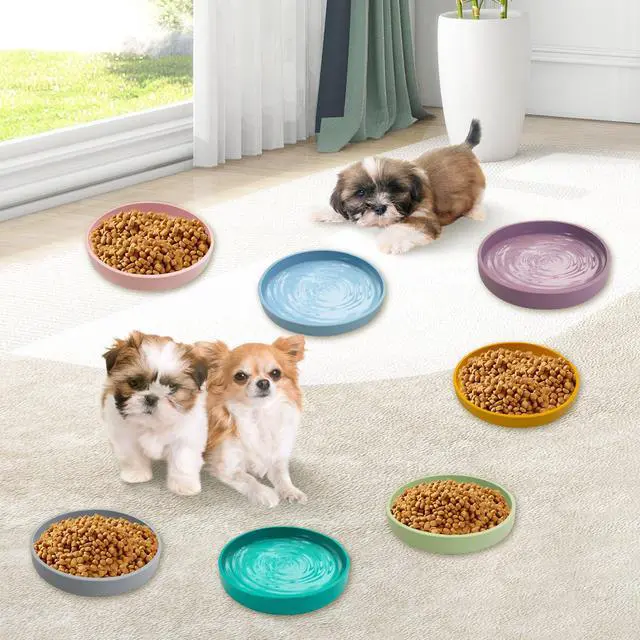 Alt view image 7 of 7 - Silicone Dog Bowl Shallow Cat Food Bowls 7" Wide Puppy Plates Whisker Fatigue Pet Feeding Dishes Set of 2 for Dry and Wet Food Indoor (Round Green)