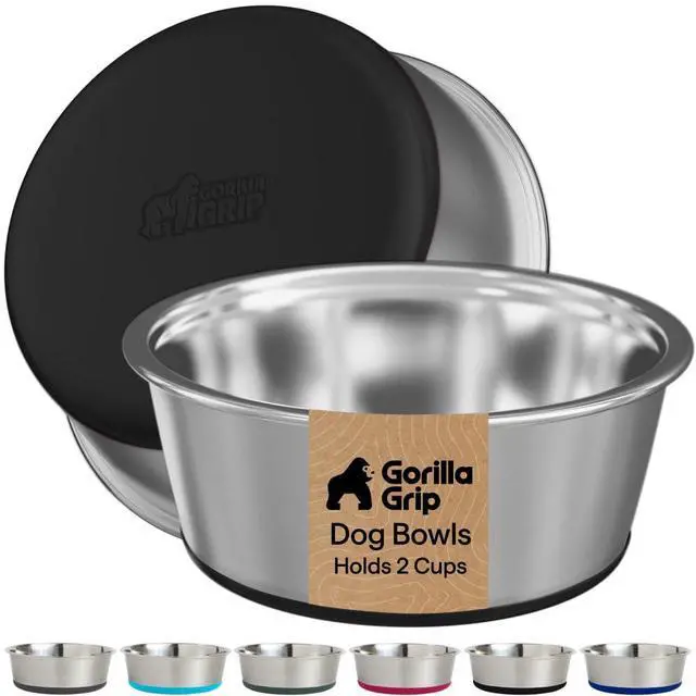 Main image of Dog Bowls, Food Grade 304 Stainless Steel, Holds 2 Cups Each (16 fl oz) Food and Water Bowl for Feeding Dogs and Cats, Dishwasher Safe, Rust Resistant, BPA Free Rubber Base Set of 2 Black