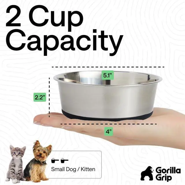 Alt view image 4 of 7 - Dog Bowls, Food Grade 304 Stainless Steel, Holds 2 Cups Each (16 fl oz) Food and Water Bowl for Feeding Dogs and Cats, Dishwasher Safe, Rust Resistant, BPA Free Rubber Base Set of 2 Black