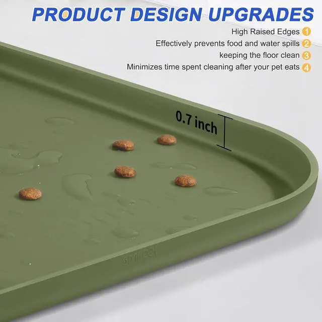 Alt view image 4 of 7 - Silicone Pet Food Mat with Raised Edge for Food and Water Bowl, Dog Feeding Mats, Cat Food Trays for Floor Waterproof, Rubber Tray for Dogs and Cats, 19 x 12 x 0.7 Light Olive Green
